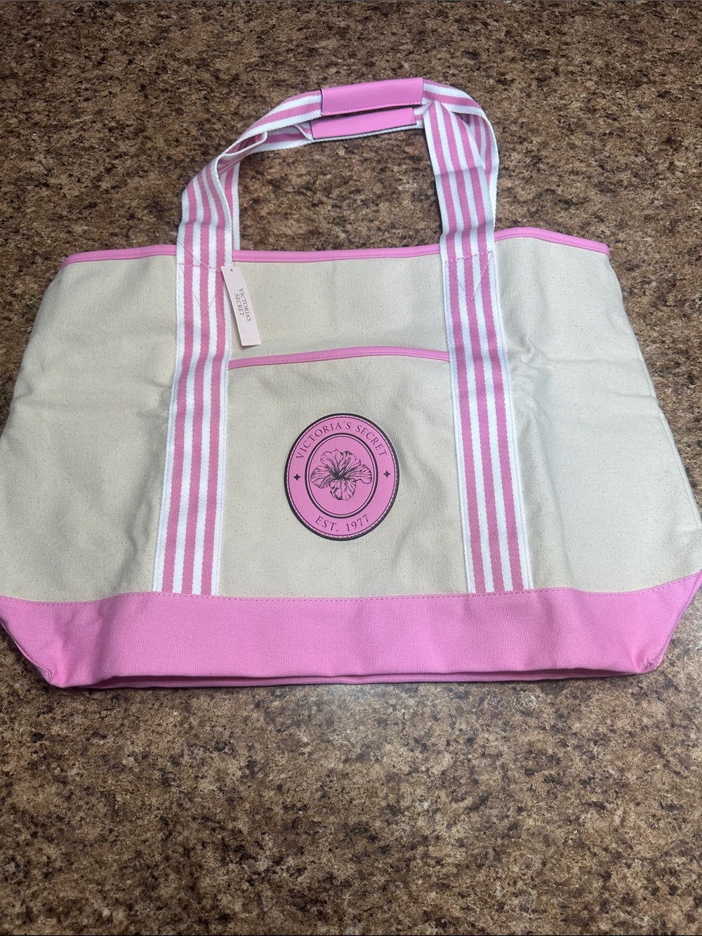 NWT Victoria's Secret Cream and Pink Canvas Tote Bag with Striped Handles